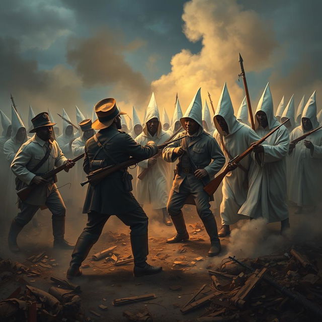 A powerful and fierce scene illustrating a group of Black Civil War soldiers in Union uniforms bravely confronting a group of Ku Klux Klan members dressed in their notorious white robes and hoods
