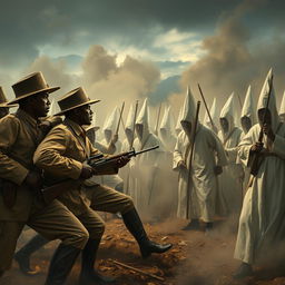 A powerful and fierce scene illustrating a group of Black Civil War soldiers in Union uniforms bravely confronting a group of Ku Klux Klan members dressed in their notorious white robes and hoods