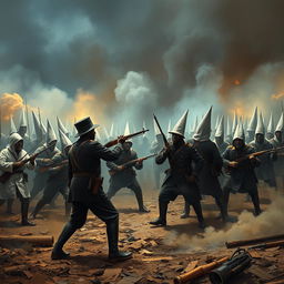 A powerful and fierce scene illustrating a group of Black Civil War soldiers in Union uniforms bravely confronting a group of Ku Klux Klan members dressed in their notorious white robes and hoods