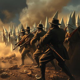 A powerful and fierce scene illustrating a group of Black Civil War soldiers in Union uniforms bravely confronting a group of Ku Klux Klan members dressed in their notorious white robes and hoods