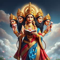A stunning depiction of the Hindu goddess Gayatri Mata, radiating divine energy and grace