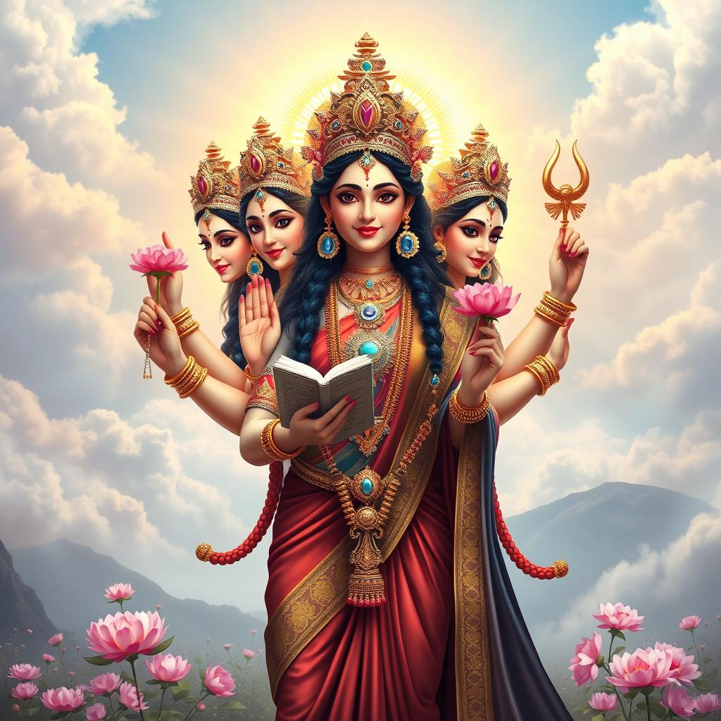 A stunning depiction of the Hindu goddess Gayatri Mata, radiating divine energy and grace