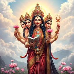 A stunning depiction of the Hindu goddess Gayatri Mata, radiating divine energy and grace