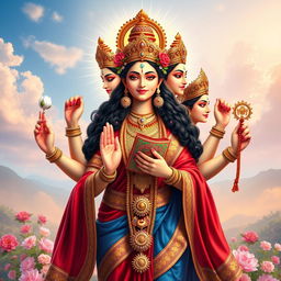 A stunning depiction of the Hindu goddess Gayatri Mata, radiating divine energy and grace