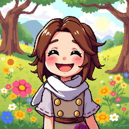 A joyful character in pixel art style for a detailed 2D game, featuring brown hair