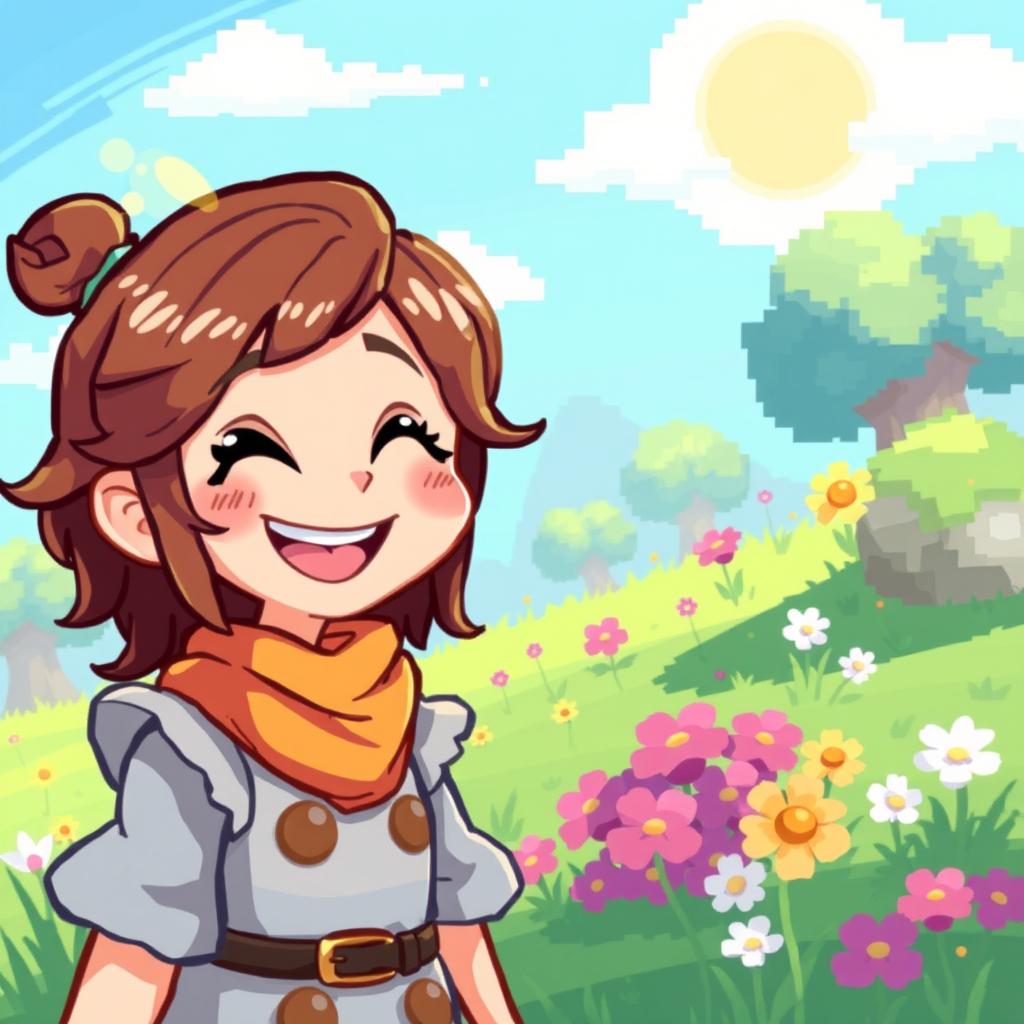 A joyful character in pixel art style for a detailed 2D game, featuring brown hair