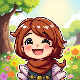 A joyful character in pixel art style for a detailed 2D game, featuring brown hair