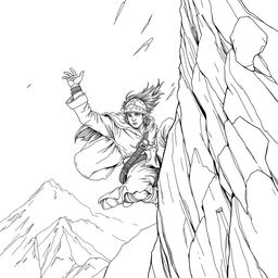 A detailed line drawing of an adventurer wearing a helmet, hanging off a cliff on the side of a steep mountain