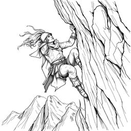 A detailed line drawing of an adventurer wearing a helmet, hanging off a cliff on the side of a steep mountain