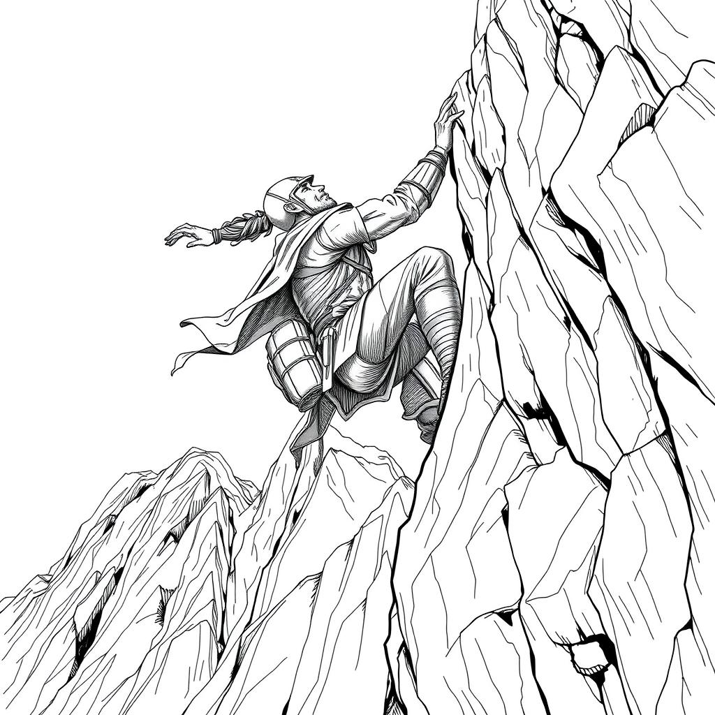 A detailed line drawing of an adventurer wearing a helmet, hanging off a cliff on the side of a steep mountain