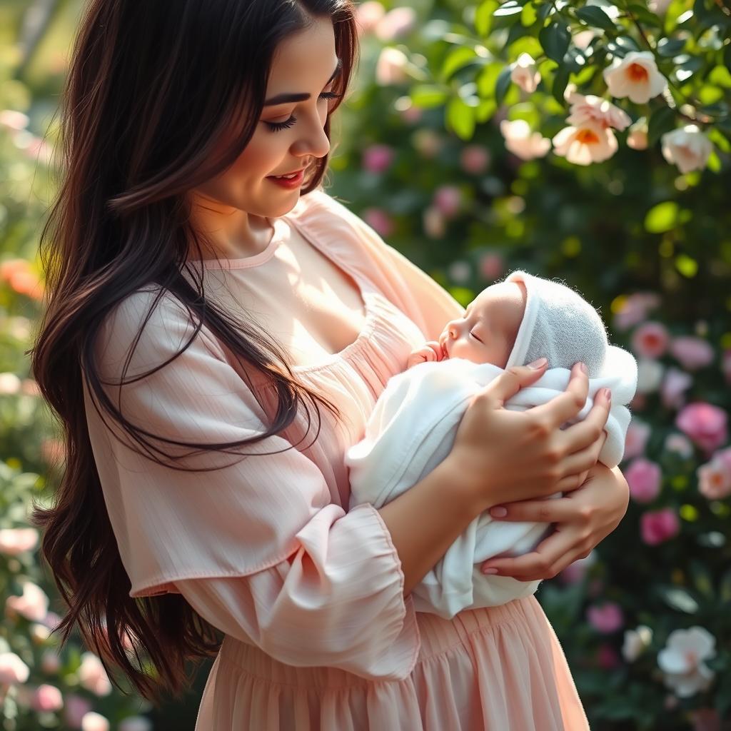 A serene scene of a young woman gently cradling a baby in her arms, both exuding warmth and affection