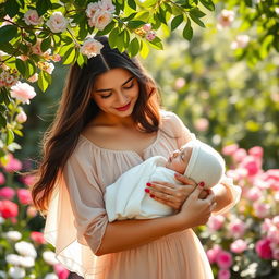A serene scene of a young woman gently cradling a baby in her arms, both exuding warmth and affection