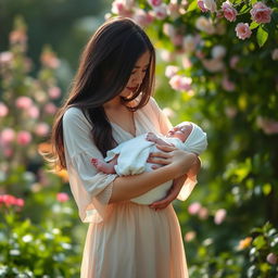 A serene scene of a young woman gently cradling a baby in her arms, both exuding warmth and affection