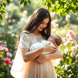 A serene scene of a young woman gently cradling a baby in her arms, both exuding warmth and affection