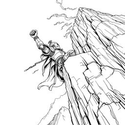 An intricate line drawing of a medieval knight wearing a helm, precariously hanging off a cliff on the side of a towering mountain