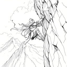 An intricate line drawing of a medieval knight wearing a helm, precariously hanging off a cliff on the side of a towering mountain