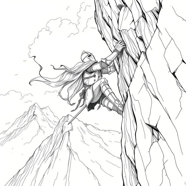 An intricate line drawing of a medieval knight wearing a helm, precariously hanging off a cliff on the side of a towering mountain