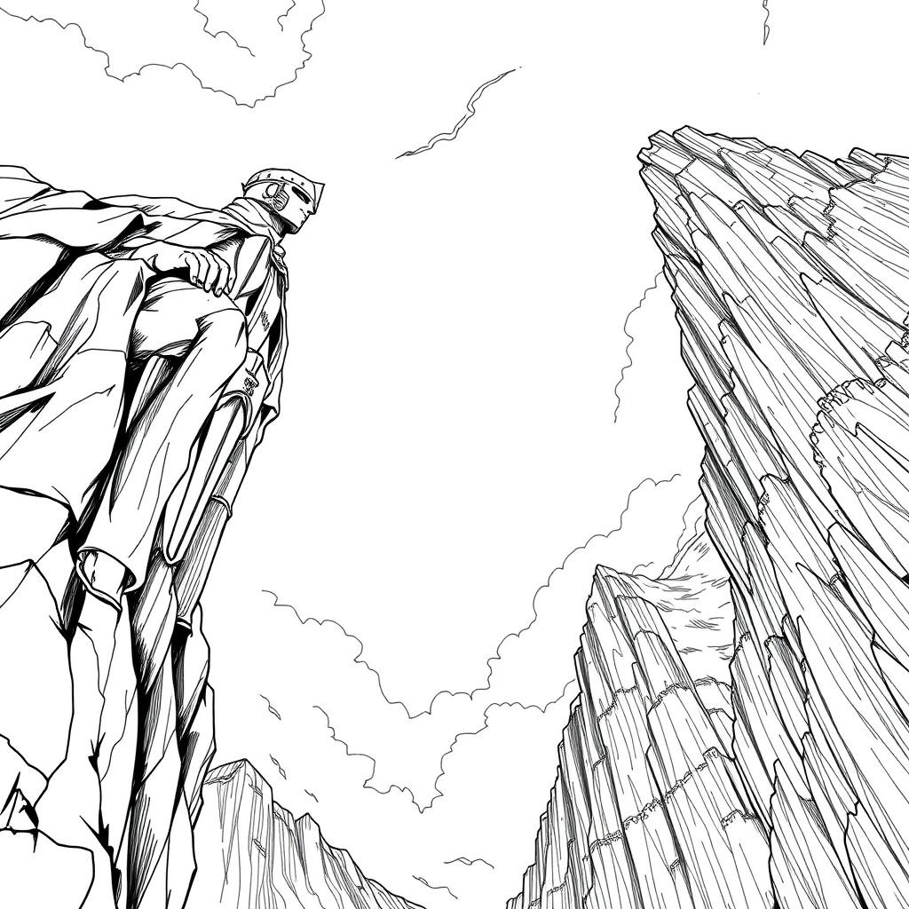 An intricate line drawing of a medieval knight wearing a helm, precariously hanging off a cliff on the side of a towering mountain