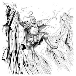 An intricate line drawing of a medieval knight wearing a helm, precariously hanging off a cliff on the side of a towering mountain