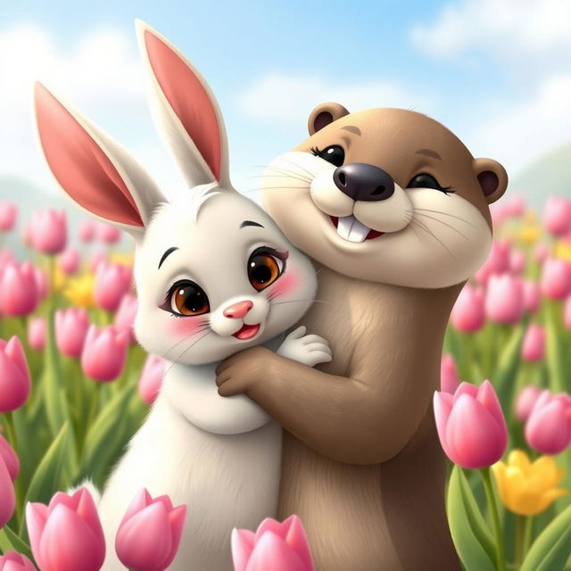 A cute animated scene of a rabbit and an otter embracing each other affectionately in a picturesque setting