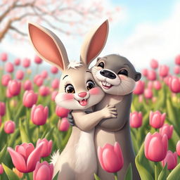 A cute animated scene of a rabbit and an otter embracing each other affectionately in a picturesque setting