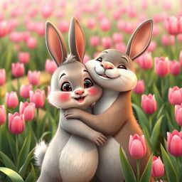 A cute animated scene of a rabbit and an otter embracing each other affectionately in a picturesque setting