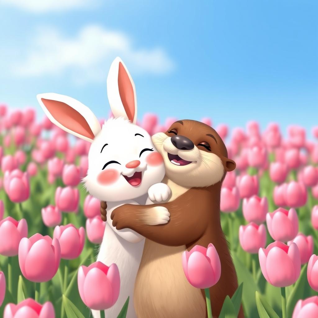 A delightful animated scene featuring a cute rabbit and a playful otter happily embracing each other
