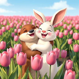 A delightful animated scene featuring a cute rabbit and a playful otter happily embracing each other