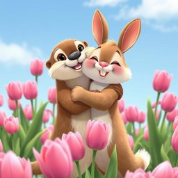 A delightful animated scene featuring a cute rabbit and a playful otter happily embracing each other