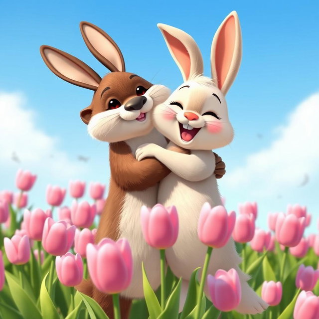 A delightful animated scene featuring a cute rabbit and a playful otter happily embracing each other
