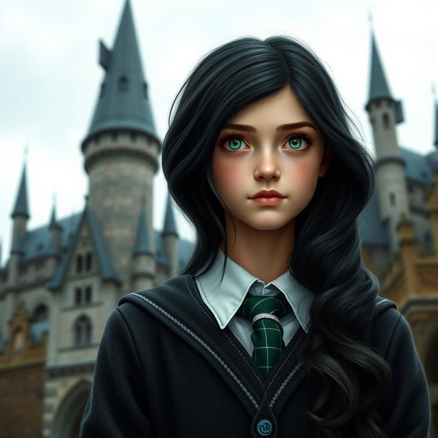 A young Hogwarts Slytherin girl student aged 12, depicted with fair skin and striking green eyes