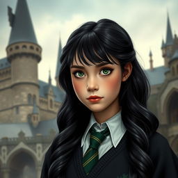 A young Hogwarts Slytherin girl student aged 12, depicted with fair skin and striking green eyes