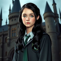 A young Hogwarts Slytherin girl student aged 12, depicted with fair skin and striking green eyes