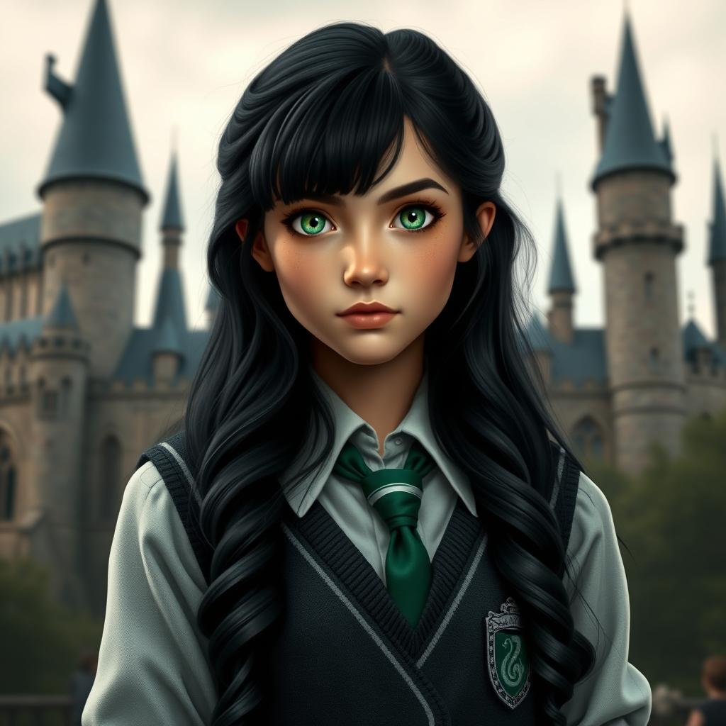 A young Hogwarts Slytherin girl student aged 12, depicted with fair skin and striking green eyes