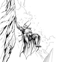 An expressive line drawing of a medieval knight with a helm, precariously hanging off a cliff on the side of a steep mountain, on the verge of falling