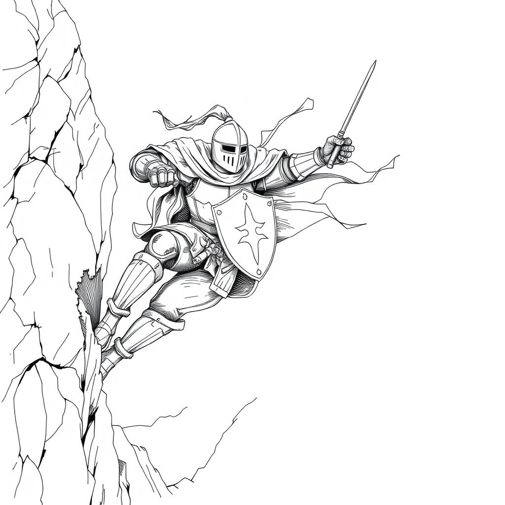 An expressive line drawing of a medieval knight with a helm, precariously hanging off a cliff on the side of a steep mountain, on the verge of falling