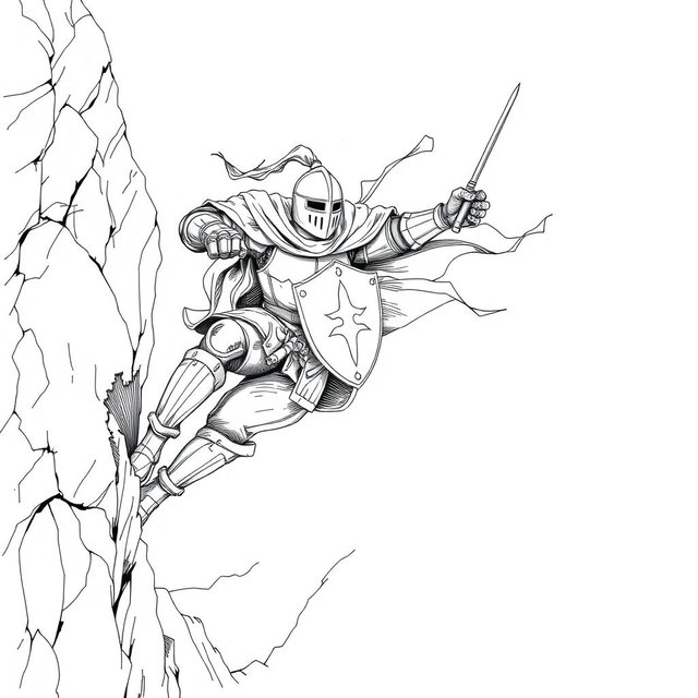 An expressive line drawing of a medieval knight with a helm, precariously hanging off a cliff on the side of a steep mountain, on the verge of falling