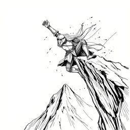 An expressive line drawing of a medieval knight with a helm, precariously hanging off a cliff on the side of a steep mountain, on the verge of falling