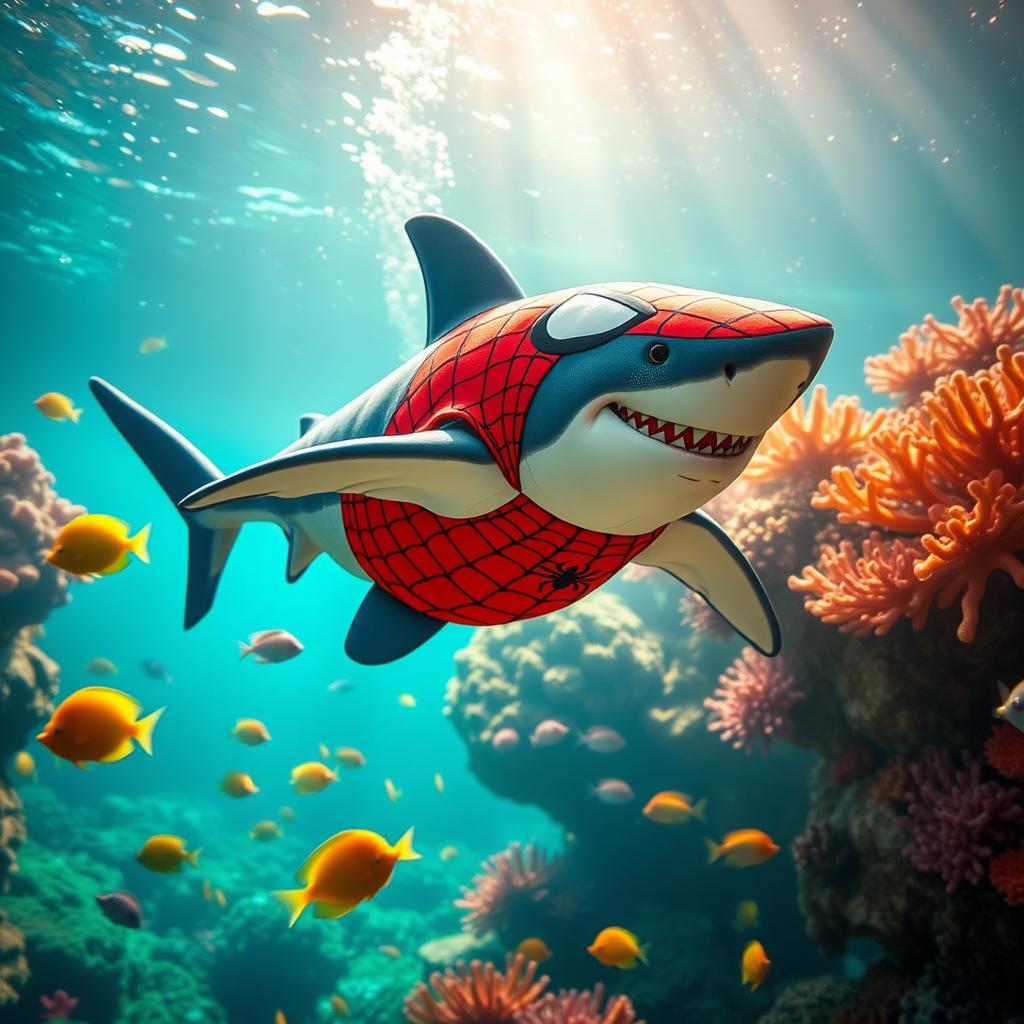A playful shark dressed in a Spider-Man costume, swimming gracefully in a vibrant underwater scene