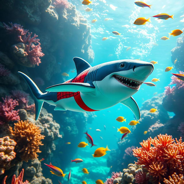 A playful shark dressed in a Spider-Man costume, swimming gracefully in a vibrant underwater scene