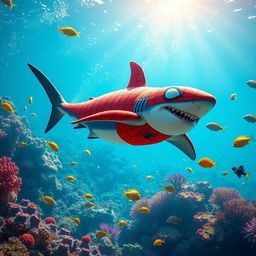 A playful shark dressed in a Spider-Man costume, swimming gracefully in a vibrant underwater scene