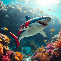 A playful shark dressed in a Spider-Man costume, swimming gracefully in a vibrant underwater scene