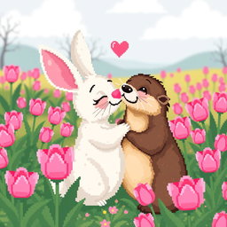 A charming pixel art scene depicting a cute rabbit and a playful otter sharing a sweet kiss