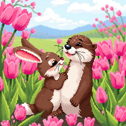 A charming pixel art scene depicting a cute rabbit and a playful otter sharing a sweet kiss