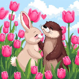 A charming pixel art scene depicting a cute rabbit and a playful otter sharing a sweet kiss