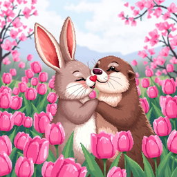 A charming pixel art scene depicting a cute rabbit and a playful otter sharing a sweet kiss