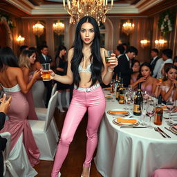 A full-length photograph of a sexy, stunning, and beautiful 18-year-old girl with pale skin and long black hair