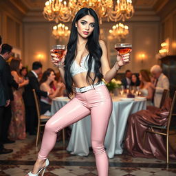 A full-length photograph of a sexy and stunning 18-year-old girl with pale skin and long black hair
