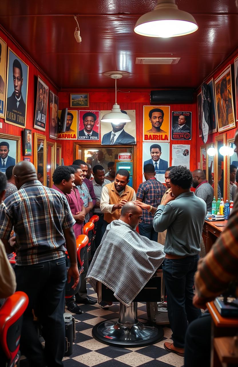 A vibrant and authentic scene inside a busy Negro barbershop, showcasing a diverse group of African American men chatting and laughing