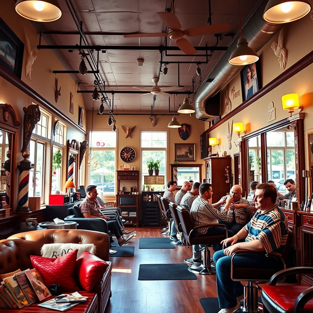 A vibrant and charming barbershop named 'Angel Barbershop', featuring a warm and inviting interior with vintage decor, barber poles, and angelic motifs